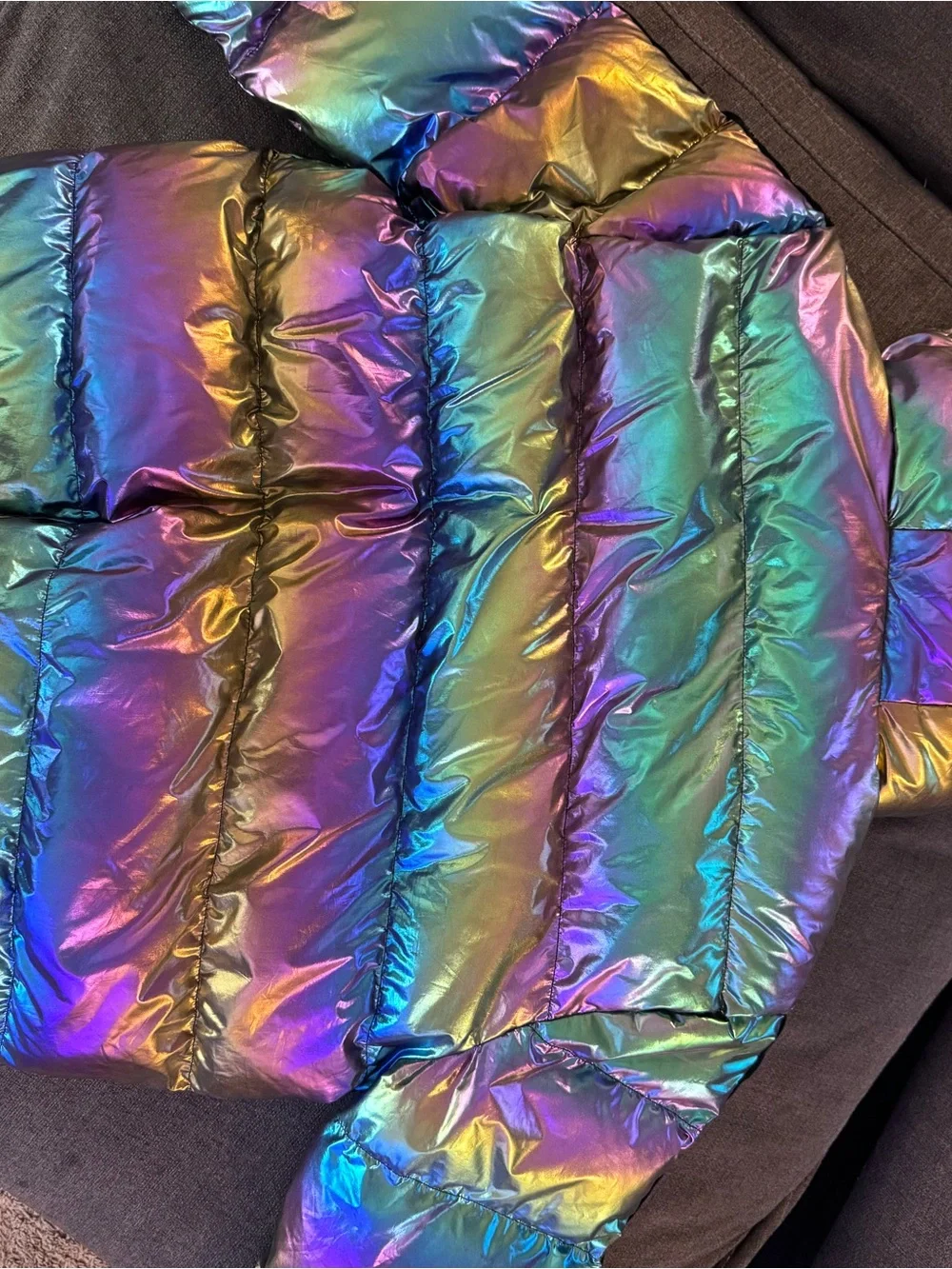Iridescent Rainbow Puffer Jacket with DNA Patch